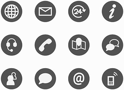Runde graue Symbole für Internet, E-Mail, 24-Stunden-Service, Telefon und weitere Kontaktwege Runde graue Symbole für Internet, E-Mail, 24-Stunden-Service, Telefon und weitere Kontaktwege