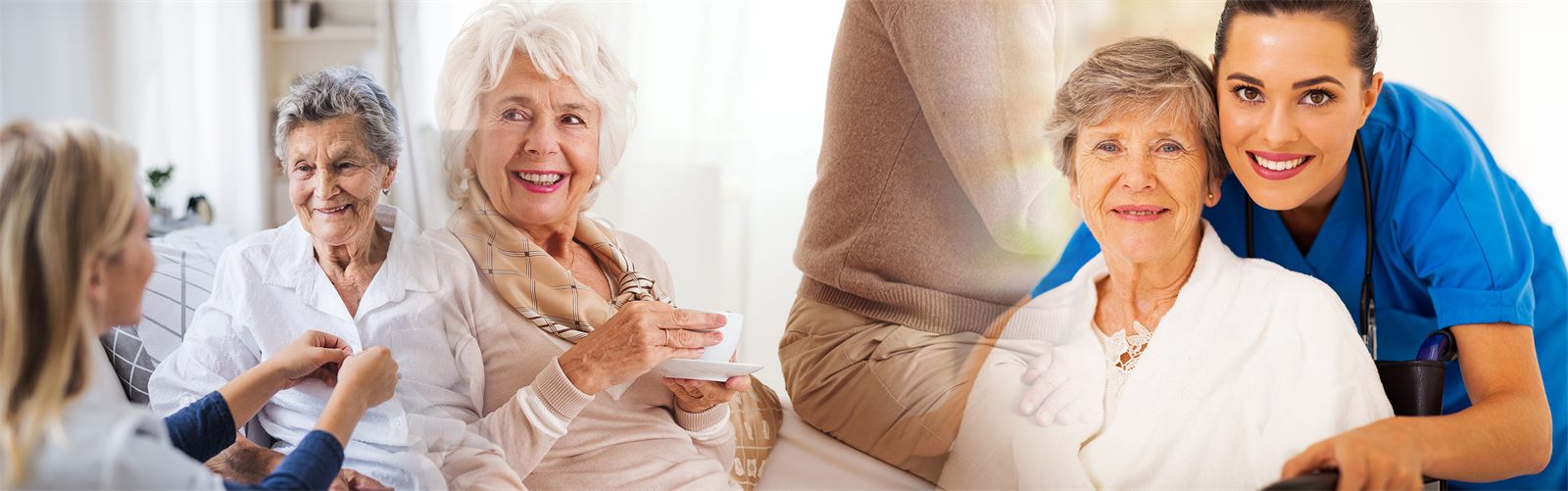 Pflegerinnen und Seniorinnen lächeln gemeinsam – drei Szenen aus der häuslichen Pflege